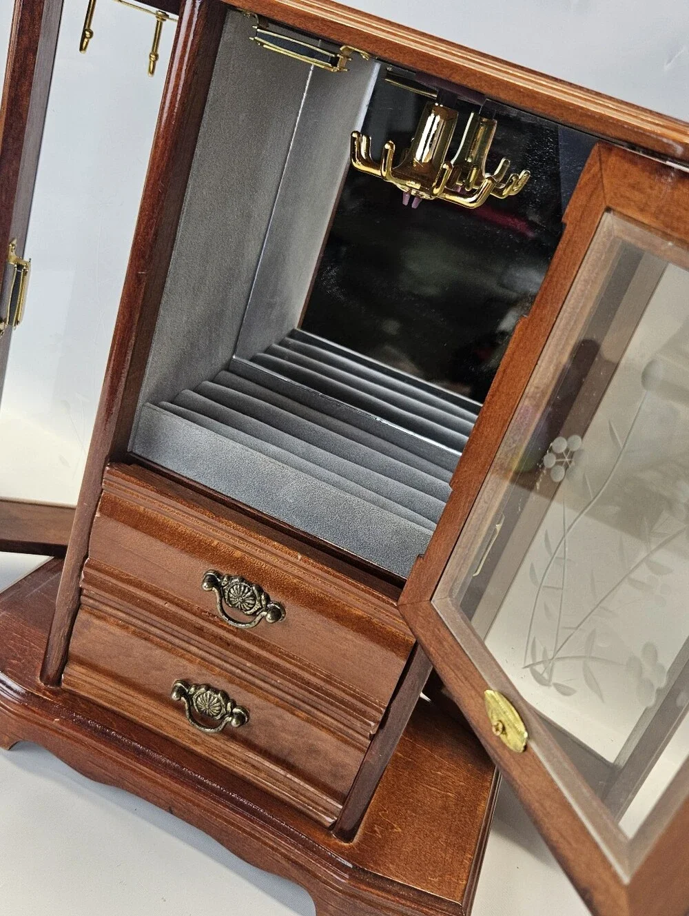 Vintage Wooden Jewelry Armoire Box 2 Drawers Ring Etched Glass Doors Felt Lined